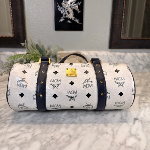 MCM Handbags - MCM White & Navy Blue Duffel Gold Accents with Matching Kiss Lock Wallet EUC